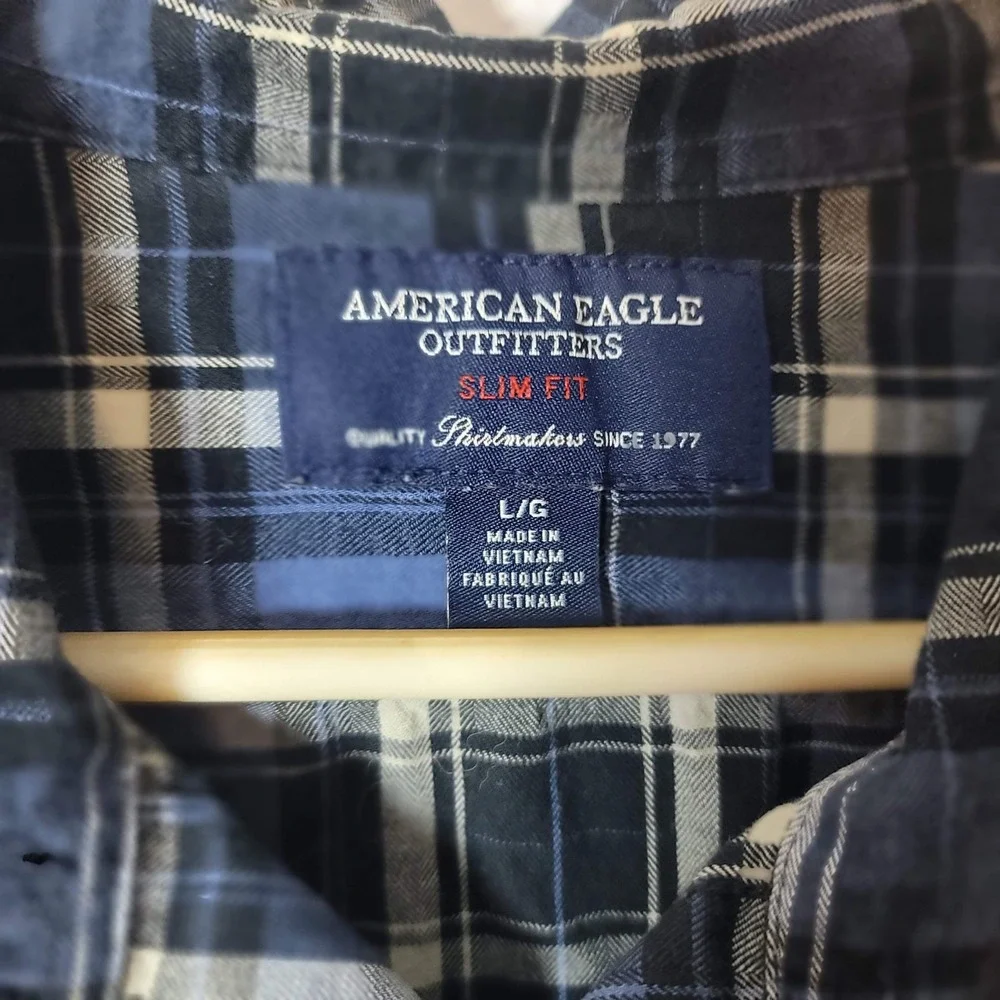 American Eagle Slim Fit Plaid Flannel Shirt Mens Large Blue Black Long‎ Sleeve L